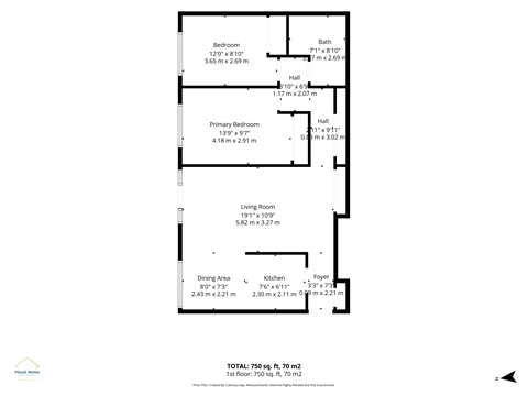 Floor plan for 2 beds, 1 bath