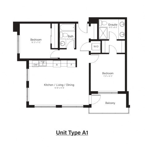 Floor plan for 2 beds, 2 baths, 825 sqft