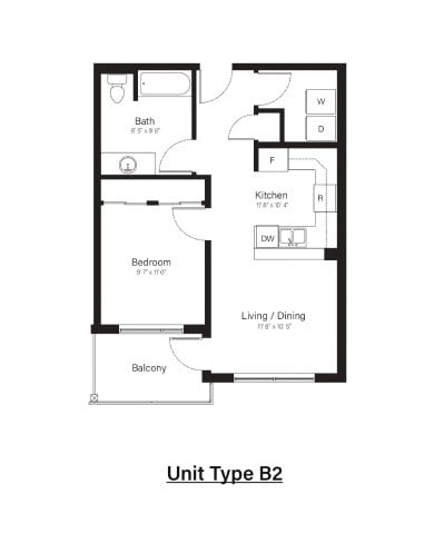 Floor plan for 1 bed, 1 bath, 563 sqft