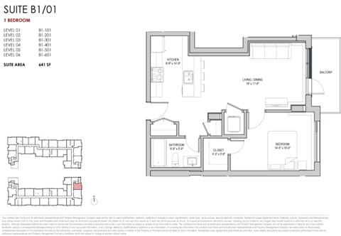 Floor plan for 1 bed, 1 bath, 641 sqft