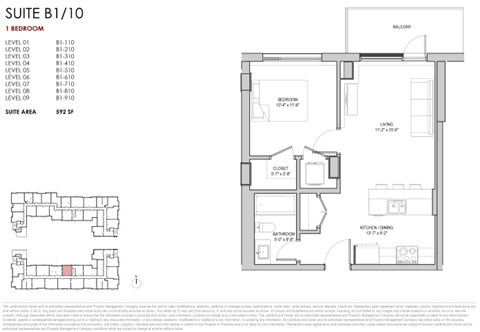 Floor plan for 1 bed, 1 bath, 592 sqft