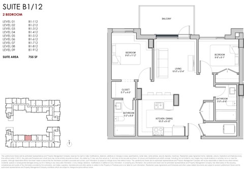 Floor plan for 2 beds, 2 baths, 755 sqft