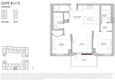Floor plan for 2 beds, 2 baths, 781 sqft