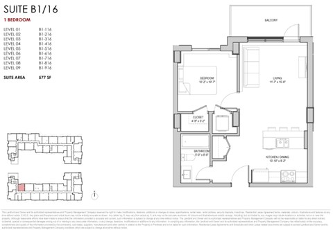 Floor plan for 1 bed, 1 bath, 577 sqft