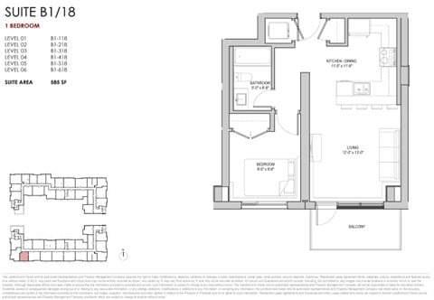 Floor plan for 1 bed, 1 bath, 585 sqft