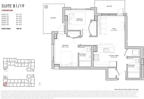 Floor plan for 2 beds, 2 baths, 785 sqft