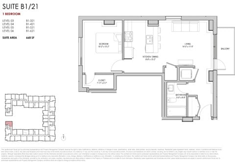 Floor plan for 1 bed, 1 bath, 668 sqft