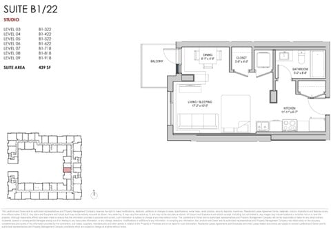 Floor plan for studio, 1 bath, 439 sqft