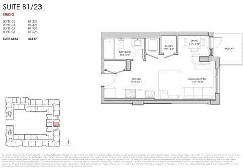Floor plan for studio, 1 bath, 433 sqft
