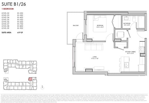Floor plan for 1 bed, 1 bath, 619 sqft