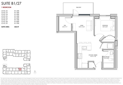 Floor plan for 1 bed, 1 bath, 552 sqft