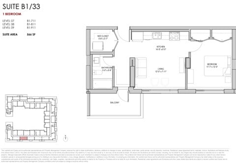Floor plan for 1 bed, 1 bath, 566 sqft