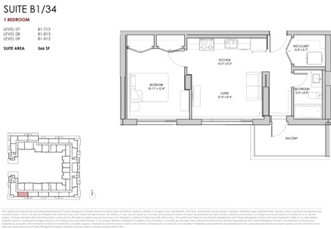 Floor plan for 1 bed, 1 bath, 566 sqft
