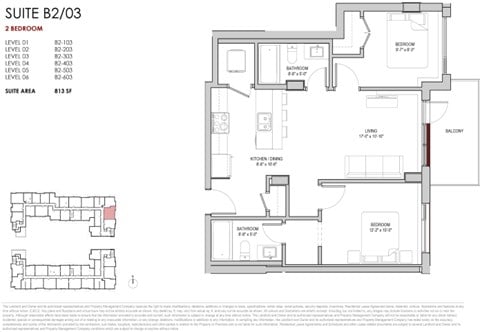 Floor plan for 2 beds, 2 baths, 813 sqft