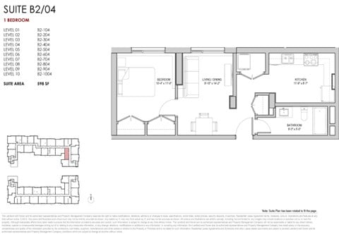 Floor plan for 1 bed, 1 bath, 598 sqft