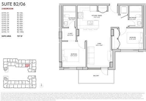 Floor plan for 2 beds, 2 baths, 757 sqft