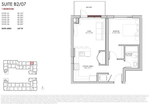 Floor plan for 1 bed, 1 bath, 637 sqft