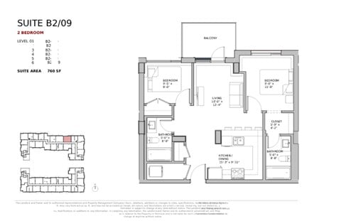 Floor plan for 2 beds, 2 baths, 760 sqft