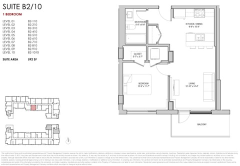 Floor plan for 1 bed, 1 bath, 592 sqft