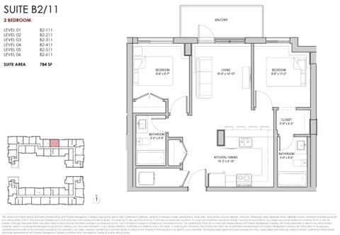 Floor plan for 2 beds, 2 baths, 784 sqft