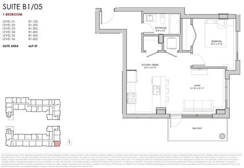 Floor plan for 1 bed, 1 bath, 669 sqft