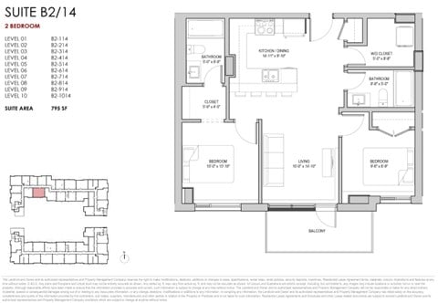 Floor plan for 2 beds, 2 baths, 796 sqft