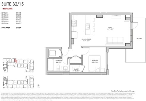 Floor plan for 1 bed, 1 bath, 611 sqft