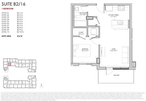 Floor plan for 1 bed, 1 bath, 577 sqft