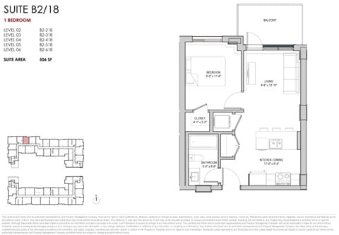 Floor plan for 1 bed, 1 bath, 506 sqft