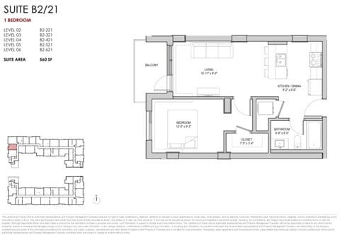 Floor plan for 1 bed, 1 bath, 560 sqft