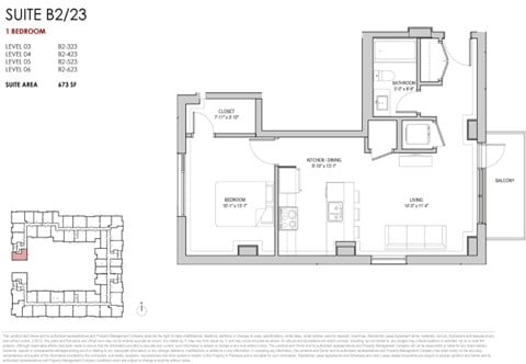 Floor plan for 1 bed, 1 bath, 674 sqft