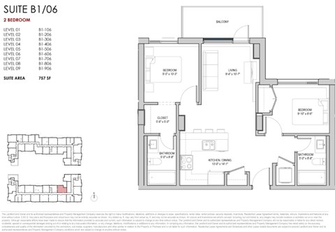Floor plan for 2 beds, 2 baths, 757 sqft