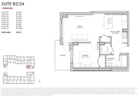 Floor plan for 1 bed, 1 bath, 619 sqft
