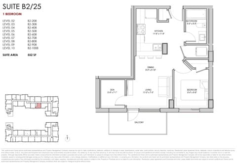 Floor plan for 1 bed, 1 bath, 552 sqft