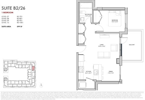 Floor plan for 1 bed, 1 bath, 597 sqft