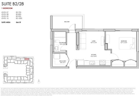 Floor plan for 1 bed, 1 bath, 567 sqft