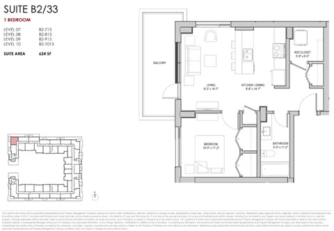 Floor plan for 1 bed, 1 bath, 624 sqft