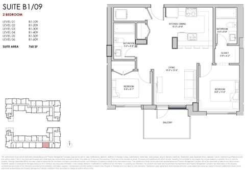 Floor plan for 2 beds, 2 baths, 760 sqft