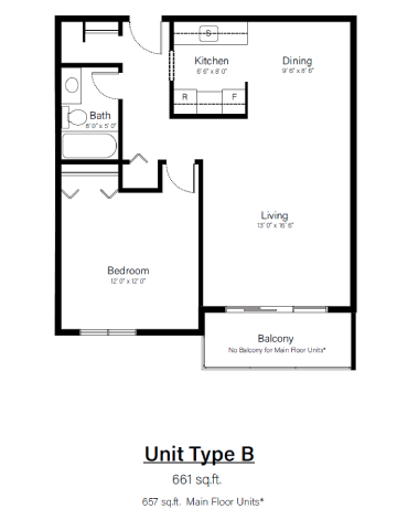 Floor plan for 1 bed, 1 bath, 657 sqft