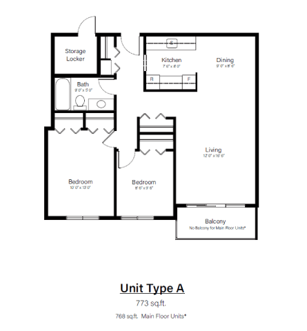 Floor plan for 2 beds, 1 bath, 773 sqft