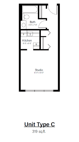 Floor plan for studio, 1 bath, 319 sqft