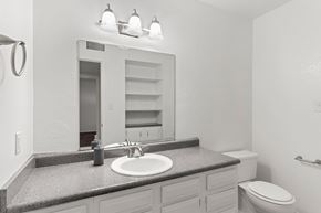 Carlsbad apartment for rent - A bathroom with a sink, mirror, toilet and a towel ring on the wall.