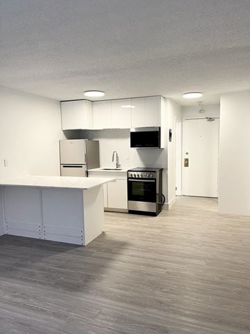Edmonton apartment for rent - A modern kitchen with a white countertop and stainless steel appliances.