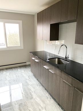 Edmonton apartment for rent - A kitchen with a black counter top and a window.