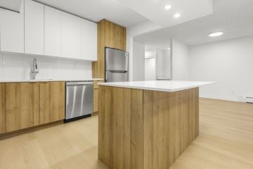 Edmonton apartment for rent - A modern kitchen with wooden cabinets and a stainless steel refrigerator.