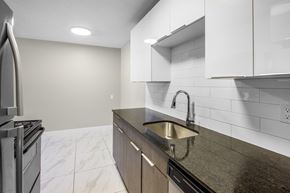 Edmonton apartment for rent - A modern kitchen with a stainless steel stove and a dark countertop.