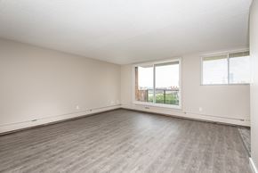 Edmonton apartment for rent - A spacious room with wooden flooring and a large window.