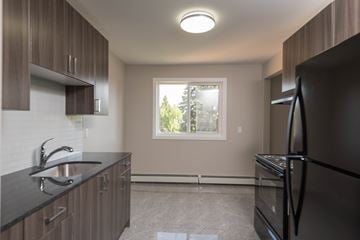 Edmonton apartment for rent - A kitchen with a black fridge and a window.