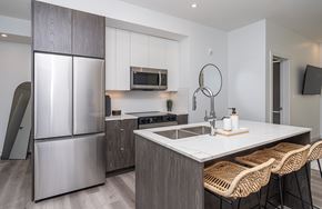 Edmonton apartment for rent - A modern kitchen with a stainless steel refrigerator, a microwave, and a white countertop.