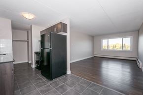 Edmonton apartment for rent - A black refrigerator is in the corner of a kitchen.